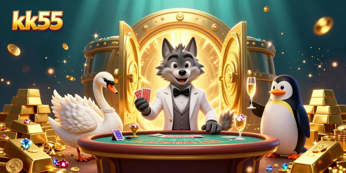 kk55 immerses in baccarat action with a debonair wolf, elegant swan dealer, and penguin sommelier.