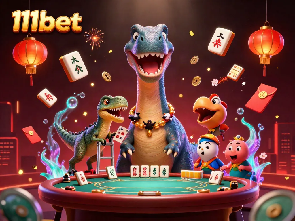 11bet features a whimsical casino scene with a dinosaur dealer and vibrant game elements.