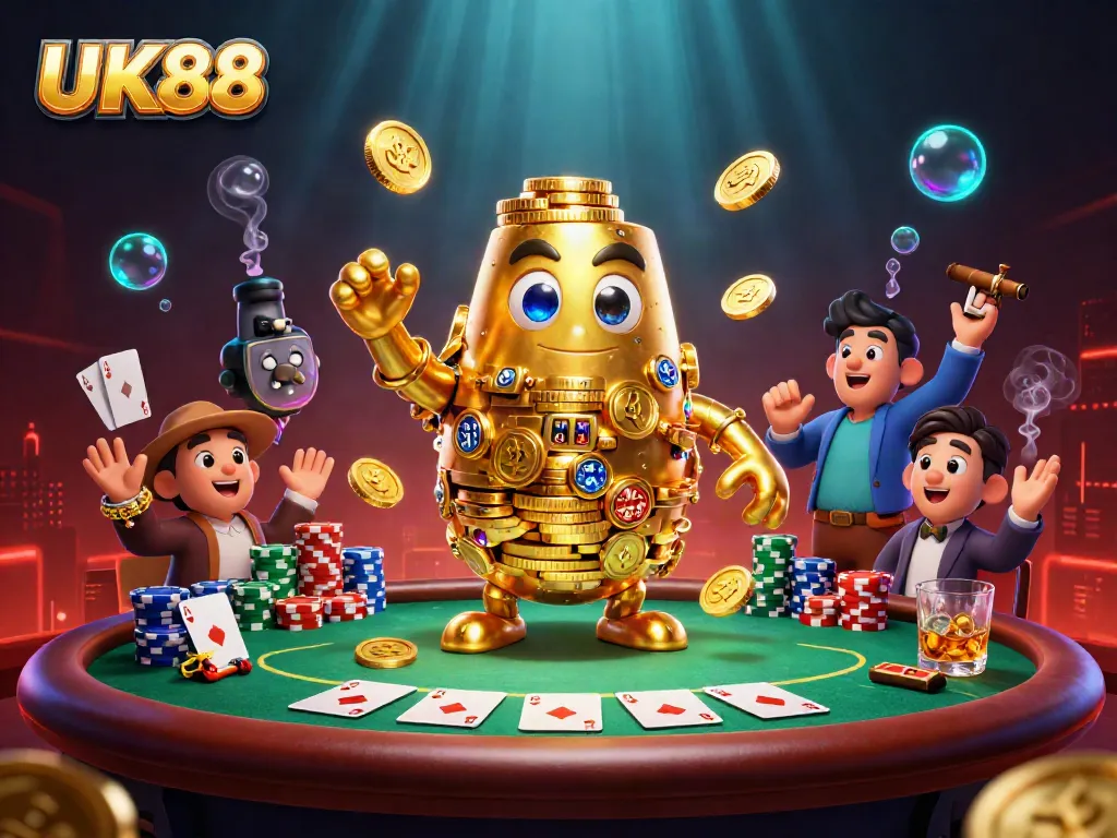 Experience the excitement of UK88 with vibrant casino elements and a golden golem amidst an animated gaming atmosphere.