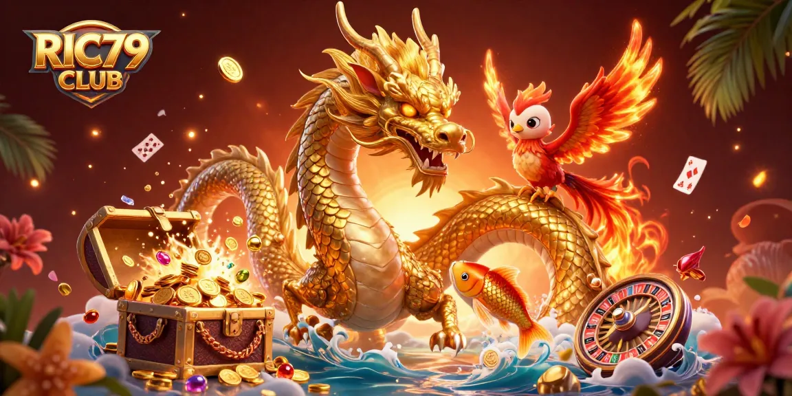 Engage in thrilling casino action with the RIC79 CLUB featuring a dragon, phoenix, and koi fish amid dazzling game elements.