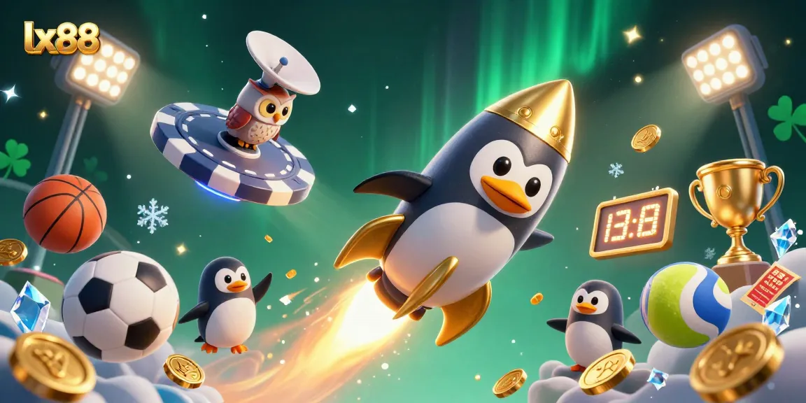Experience thrilling gaming with lx88's vibrant penguin and casino-themed space illustration.