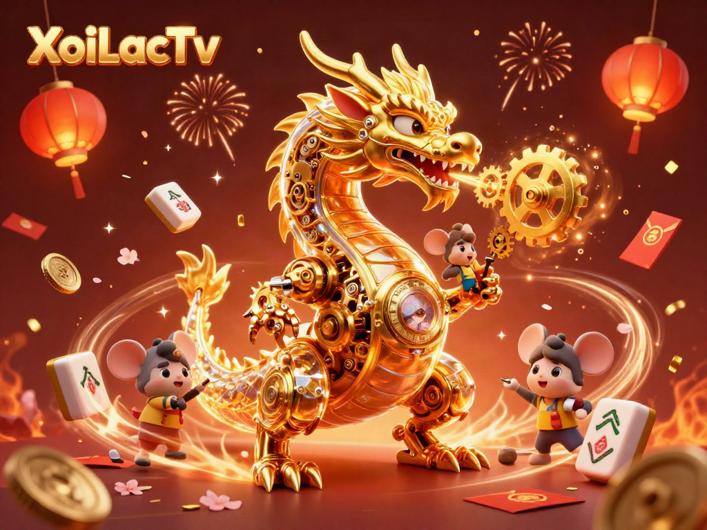 XoiLacTv showcases a captivating 3D dragon surrounded by colorful casino elements in a dynamic scene.