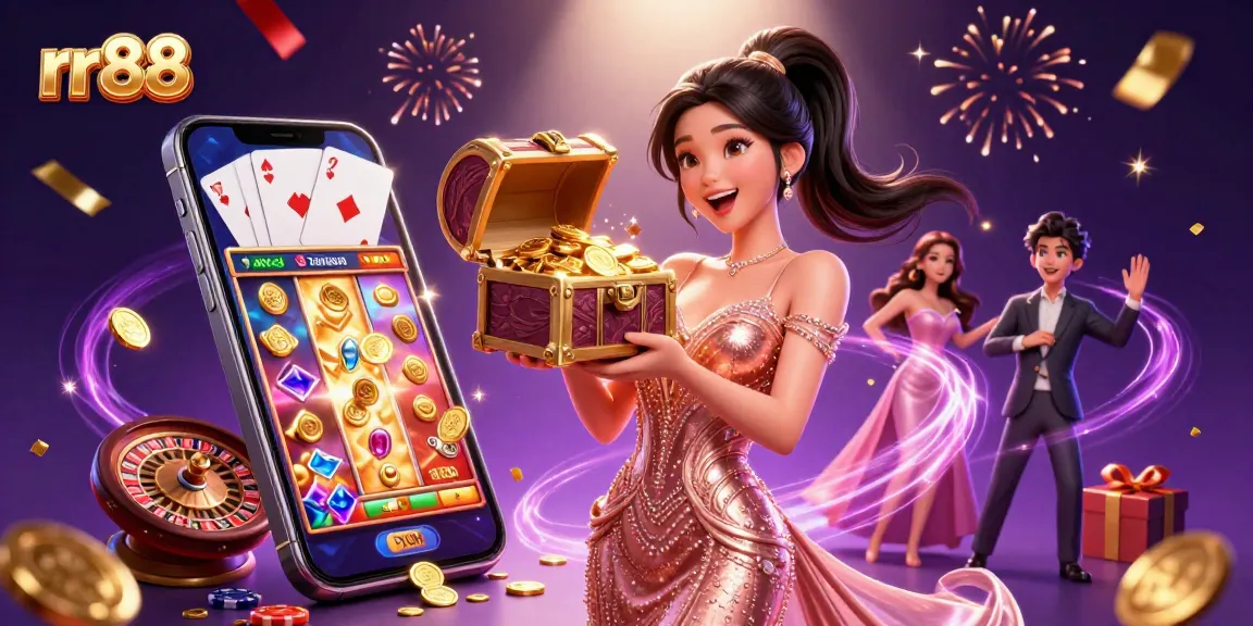 Experience thrilling gaming at rr88 with a stunning illustration of an Asian woman revealing treasure amidst casino elements.