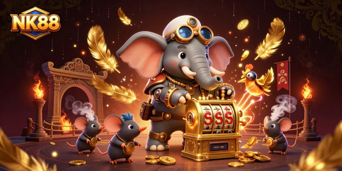 Experience thrilling gameplay at NK88 with a cartoon steampunk elephant operating a slot machine.