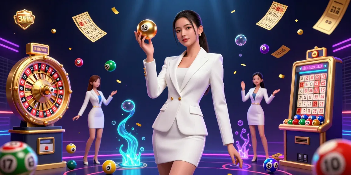 Engage with the dazzling world of 32WIN as a gorgeous Asian woman confidently holds a golden roulette ball amid vibrant lottery games.