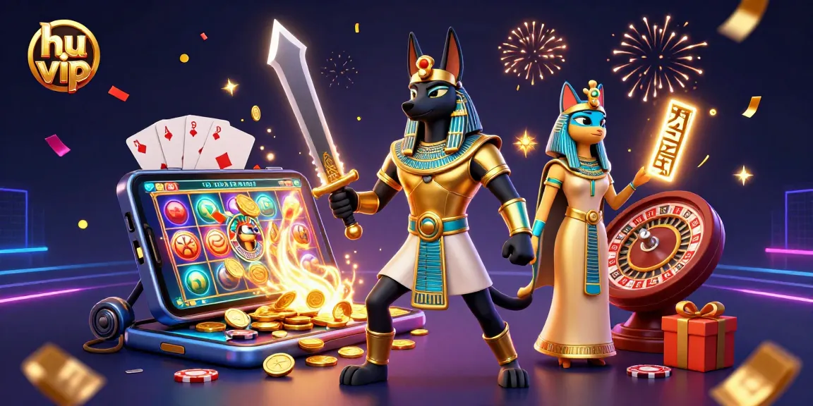 Play thrilling games on hu vip with vibrant 3D casino elements featuring Anubis and Bastet.