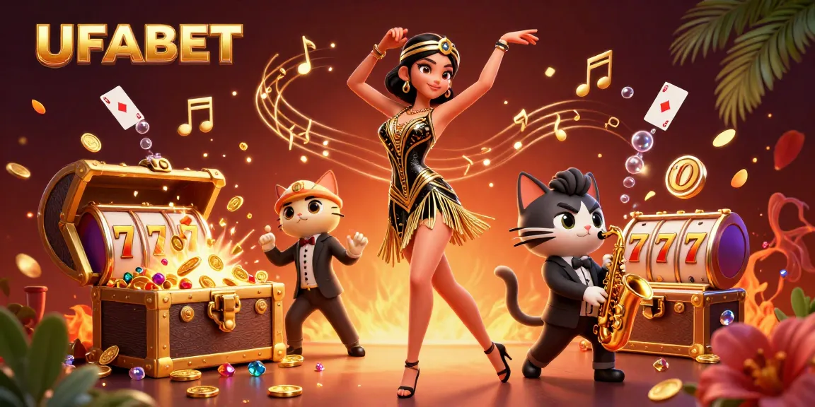 Experience thrilling online betting at UFABET with vibrant characters and gaming elements in a festive atmosphere.
