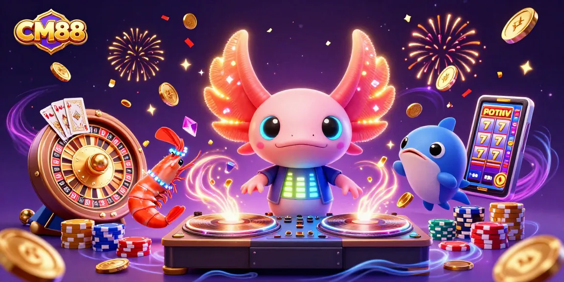 Experience excitement at CM88 with a vibrant gaming scene featuring an axolotl DJ and animated casino elements.