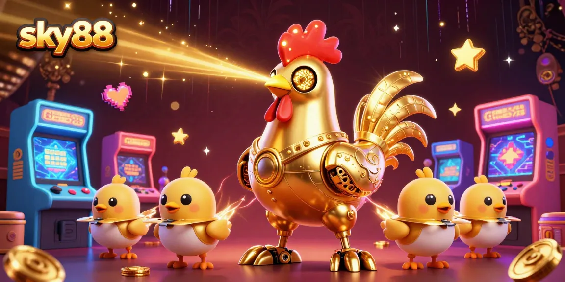 Experience the excitement of sky88 with a golden rooster robot in a dazzling casino scene.