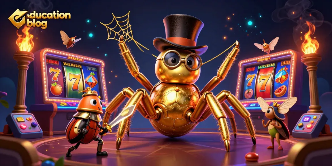 Engage with this vibrant education blog scene featuring a golden tarantula and beetle knight in a casino atmosphere.
