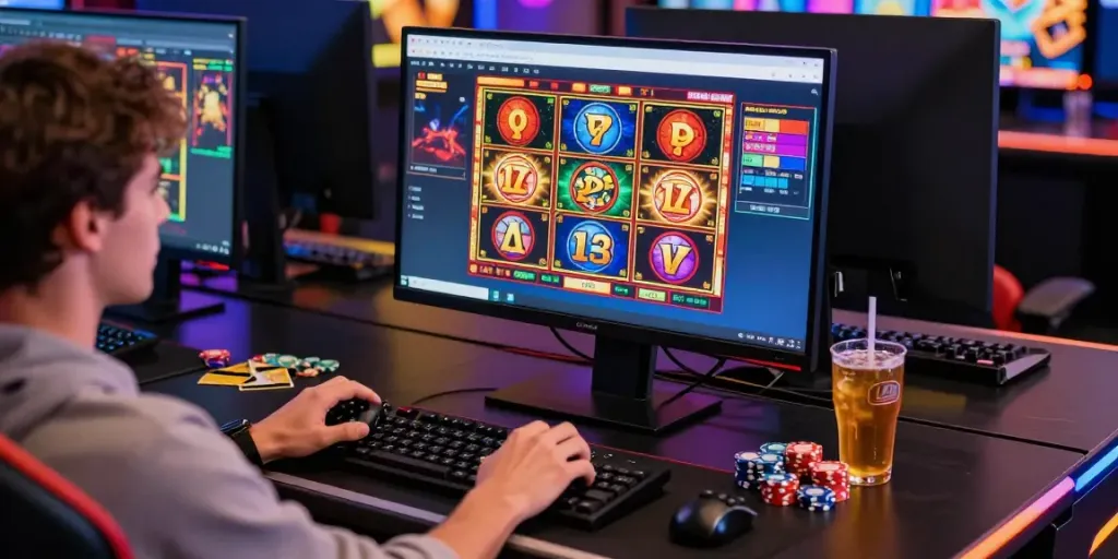 Experience the thrill of best credit card casinos with an engaged player at their vibrant gaming station, surrounded by chips and drinks.