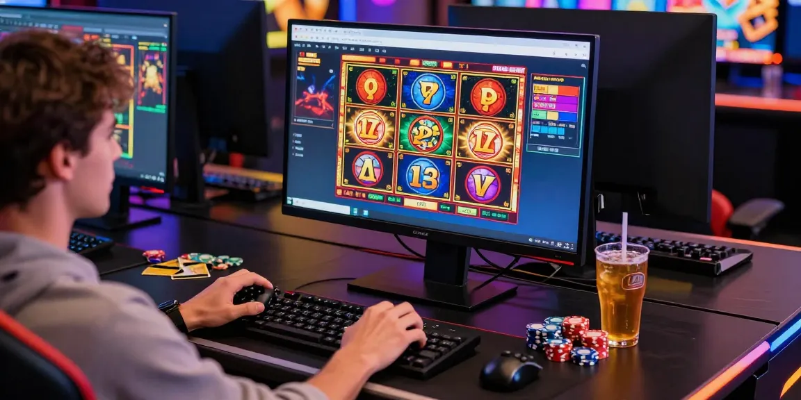 Experience the thrill of best credit card casinos with an engaged player at their vibrant gaming station, surrounded by chips and drinks.