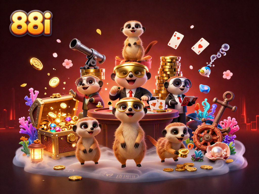 Experience the thrill of 88i gaming with animated meerkats managing a vibrant casino