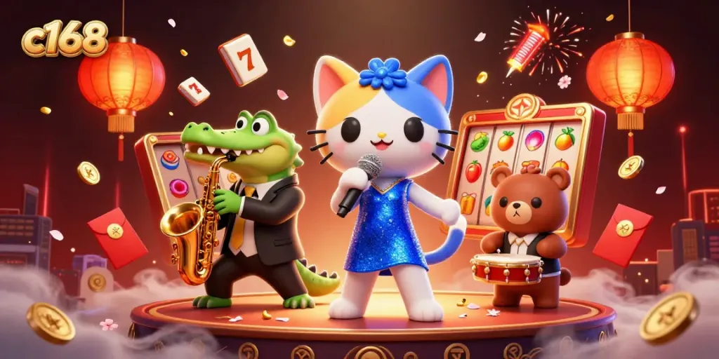 Engage with c168's vibrant casino scene featuring a jazzy performance with cartoon characters and slot elements.