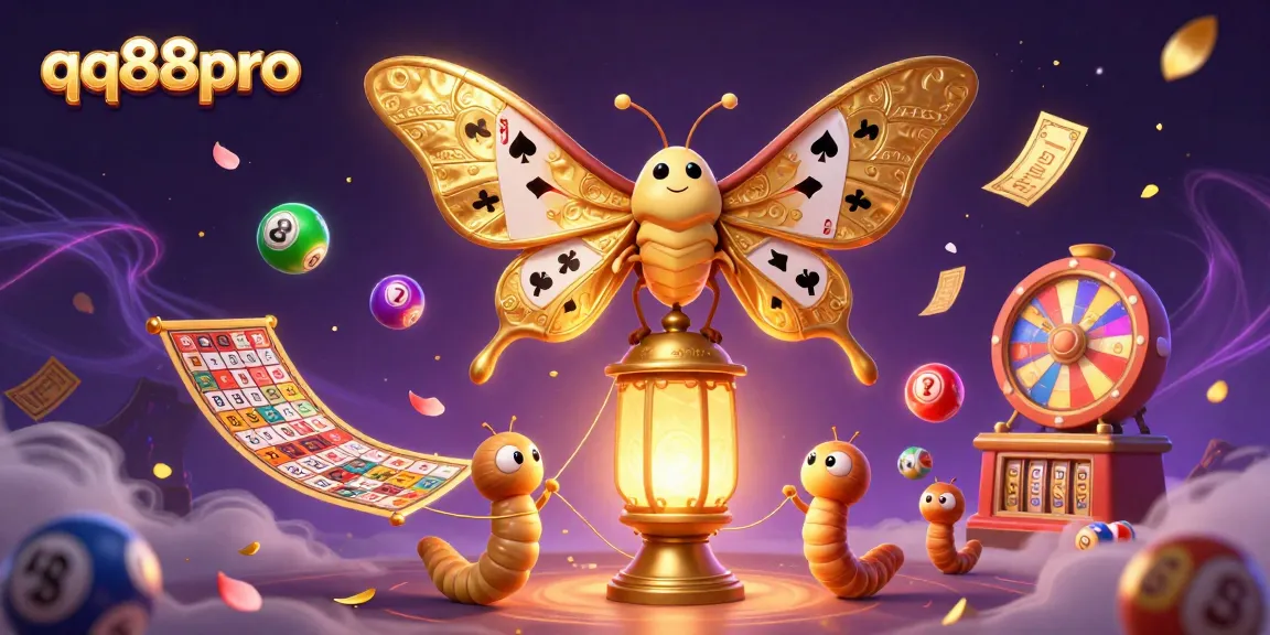 Experience thrilling gaming action with qq88pro's captivating casino-themed art featuring colorful lottery balls and a majestic moth.