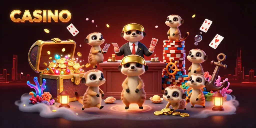 Meerkats running an elaborate casino, showcasing dynamic gaming action in a vibrant atmosphere.