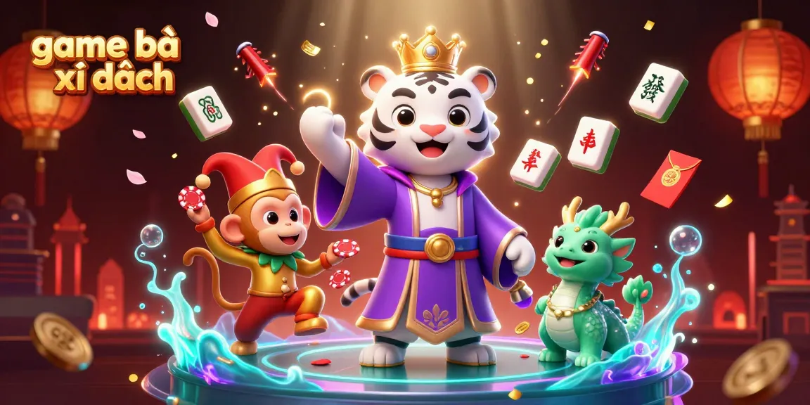 Engage with game bài xì dách as a whimsical tiger and playful monkey celebrate victory with poker chips.