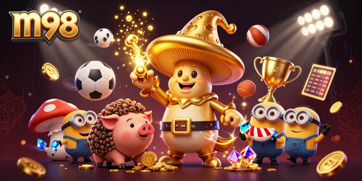Experience thrilling sports betting with m98, featuring dynamic characters and vibrant gambling elements.