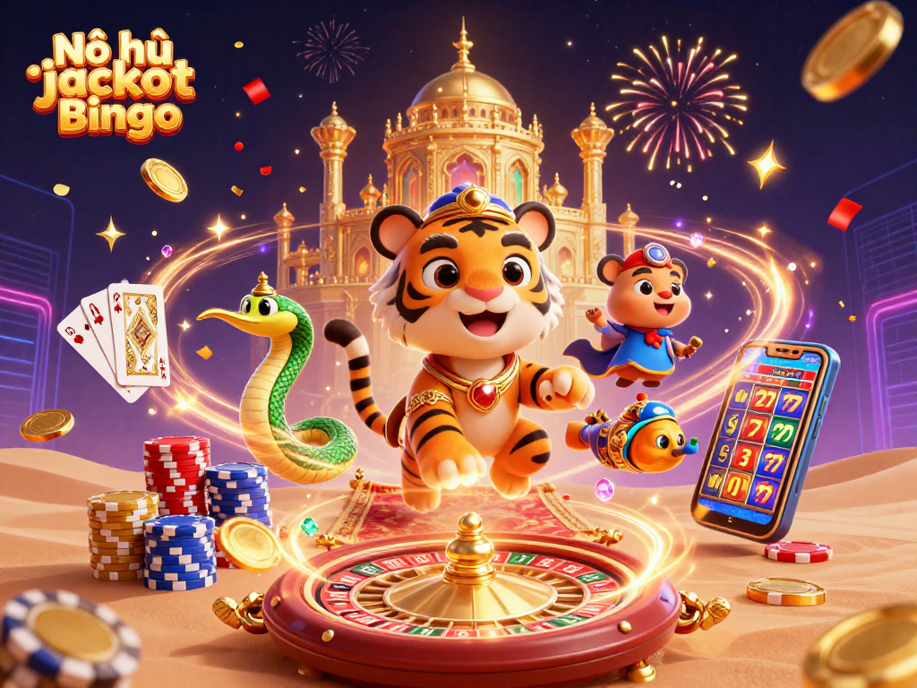 Nổ hũ jackpot bingo featuring an Arabian tiger sultan on a magical carpet amidst vibrant casino elements.