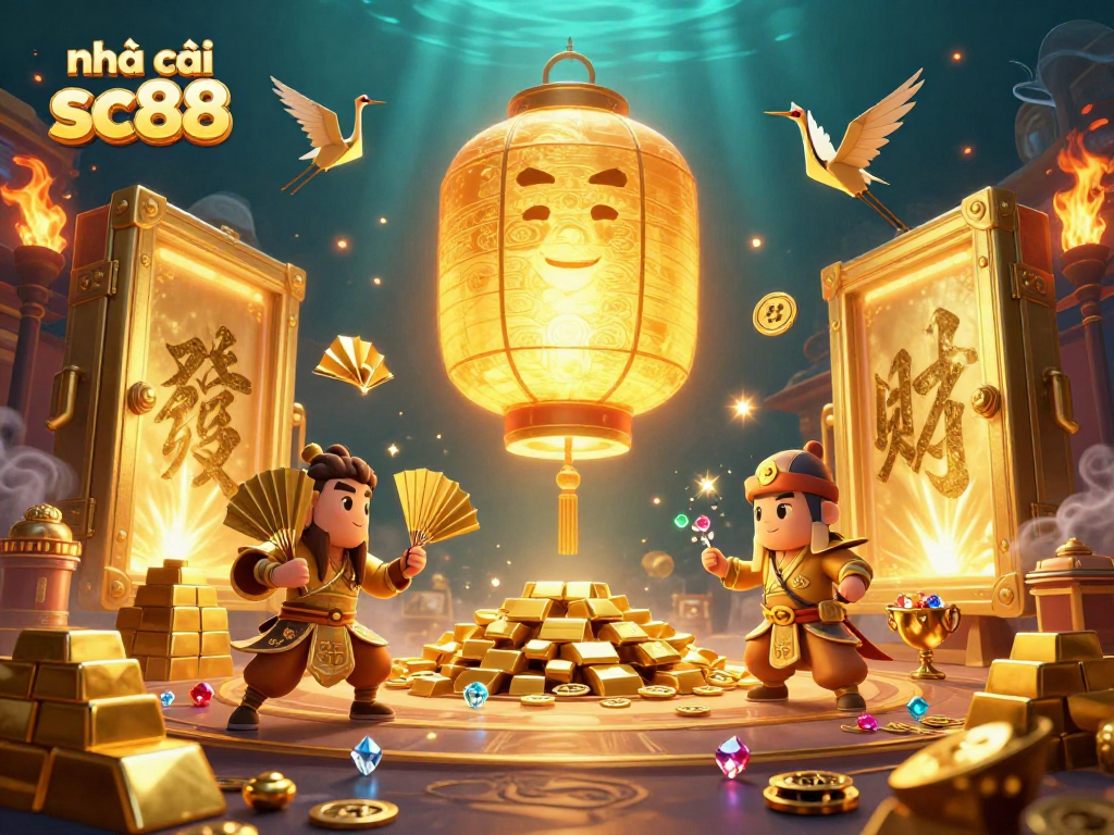 Engage with nhà cái sc88 and uncover treasures at this vibrant casino scene filled with golden elements.