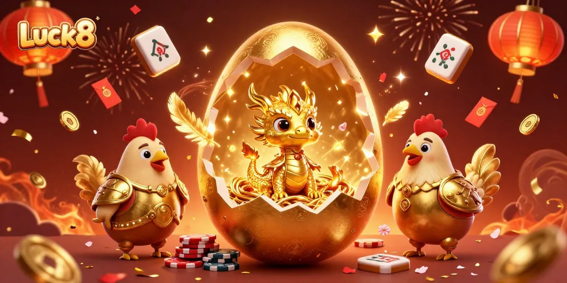 Luck8 brings excitement with golden egg cracking to reveal a treasure dragon among poker chips.