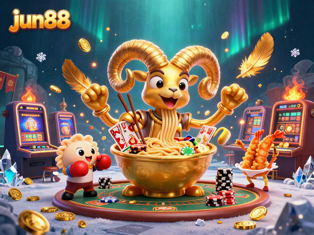 Join the excitement of jun88 with a giant ramen bowl character in a vibrant casino scene.