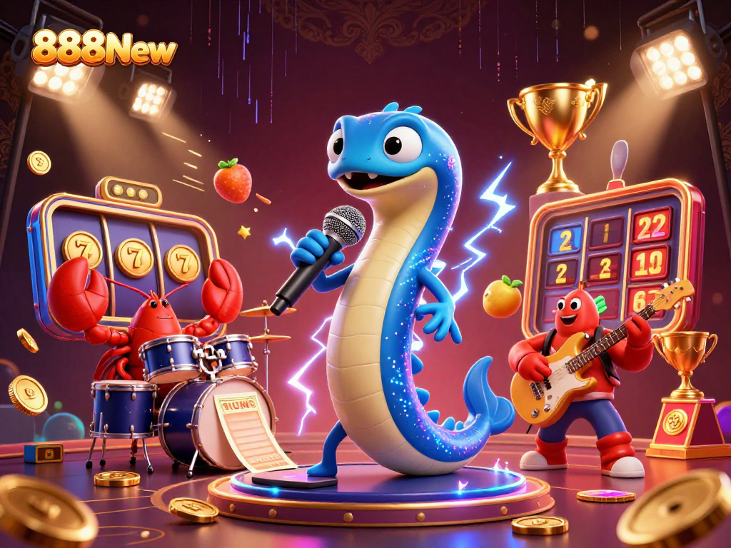Experience thrilling gameplay at 888New with captivating 3D illustrations of electric eel DJ, lobster drummer, and seahorse guitarist.
