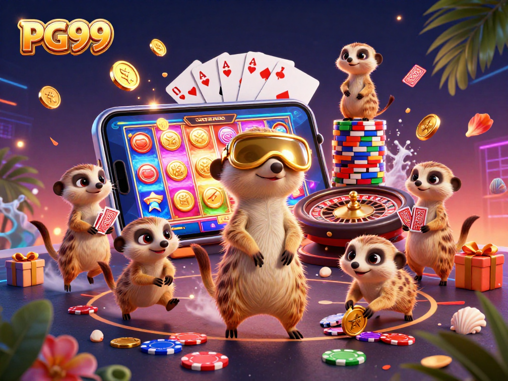 Engage in the vibrant world of PG99 casino with meerkats managing a colorful gaming scene.