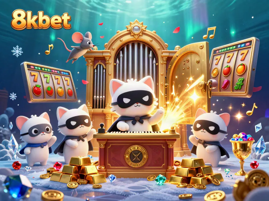 Win big with 8xbet in this vibrant casino scene featuring a white cat and mouse acrobat.
