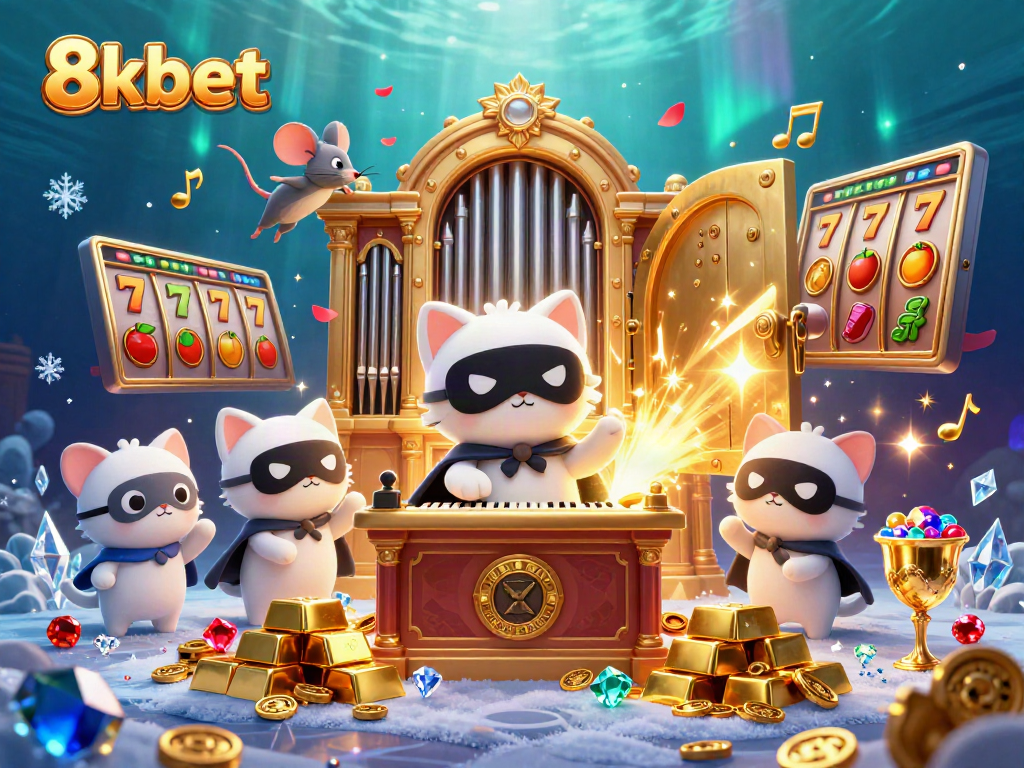 Win big with 8xbet in this vibrant casino scene featuring a white cat and mouse acrobat.