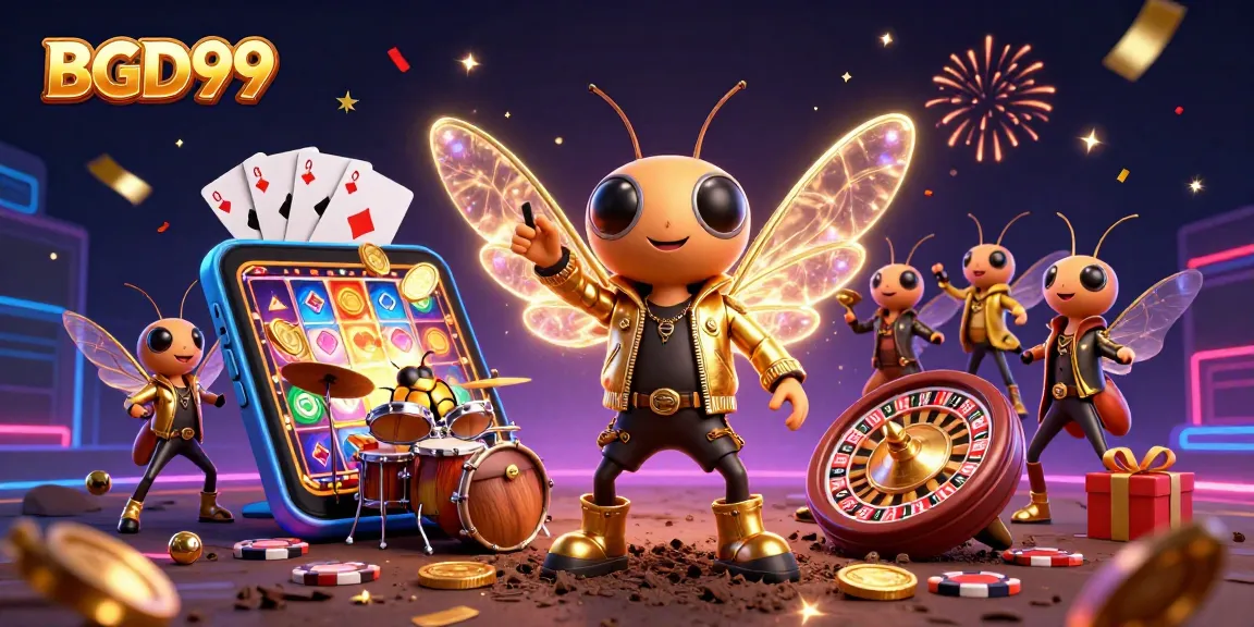 BGD99 3D cartoon illustration showcases a vibrant casino scene with an energetic rock star theme.