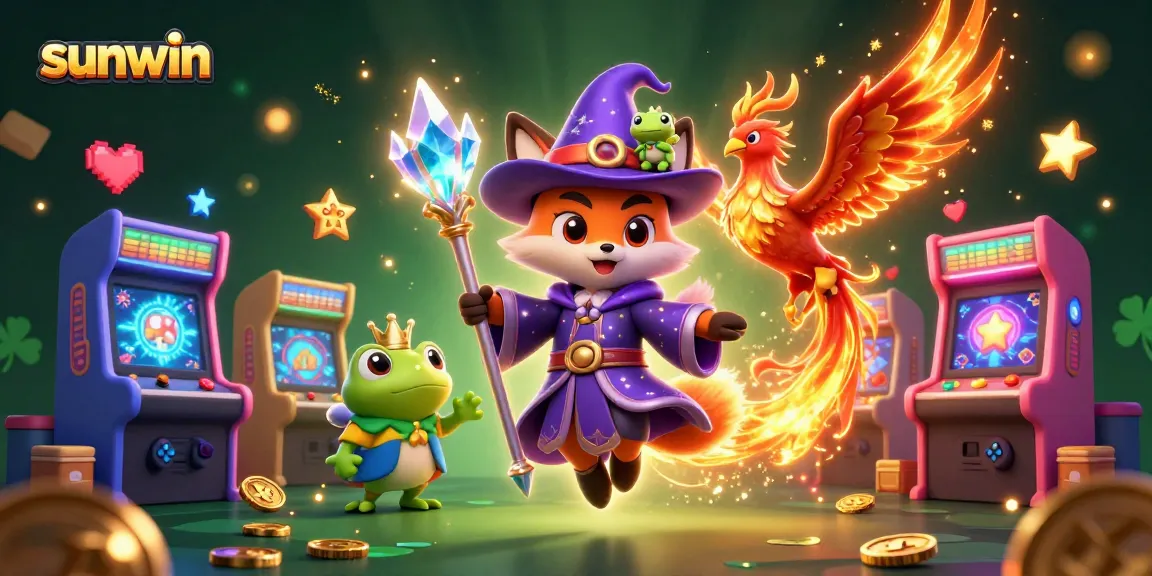Win big with sunwin in this enchanting casino illustration featuring vibrant characters and game elements
