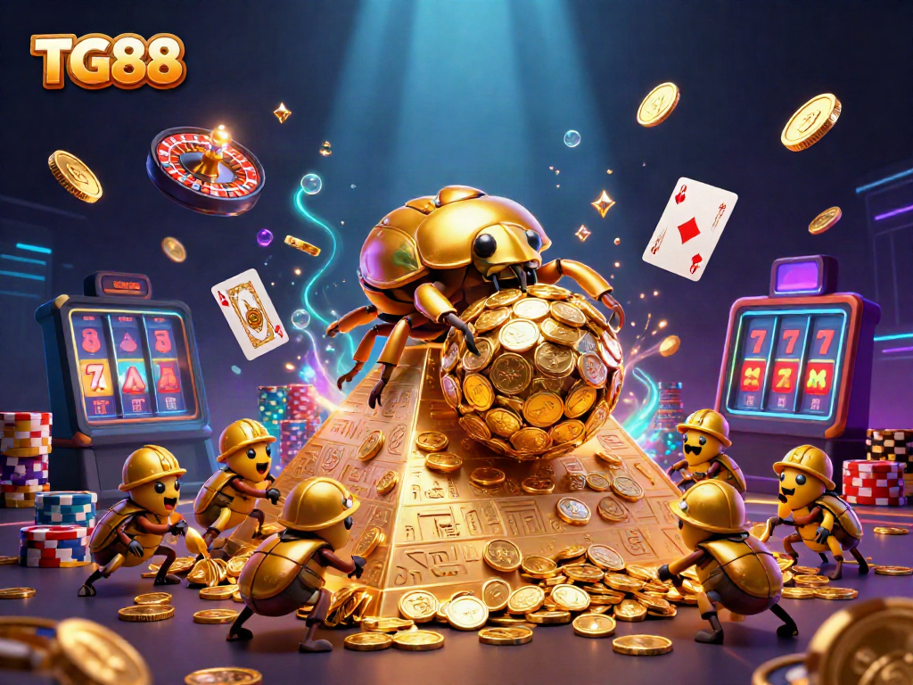 Experience the excitement at TG88 with our 3D illustration of golden coins and casino games.