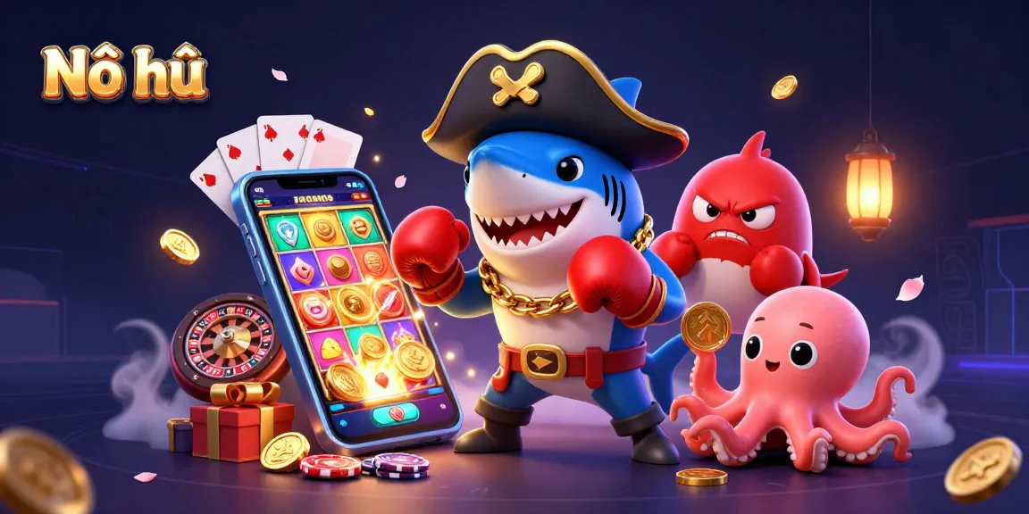 Nổ hũ game illustration featuring a pirate shark, a pufferfish, and an octopus with gold coins.