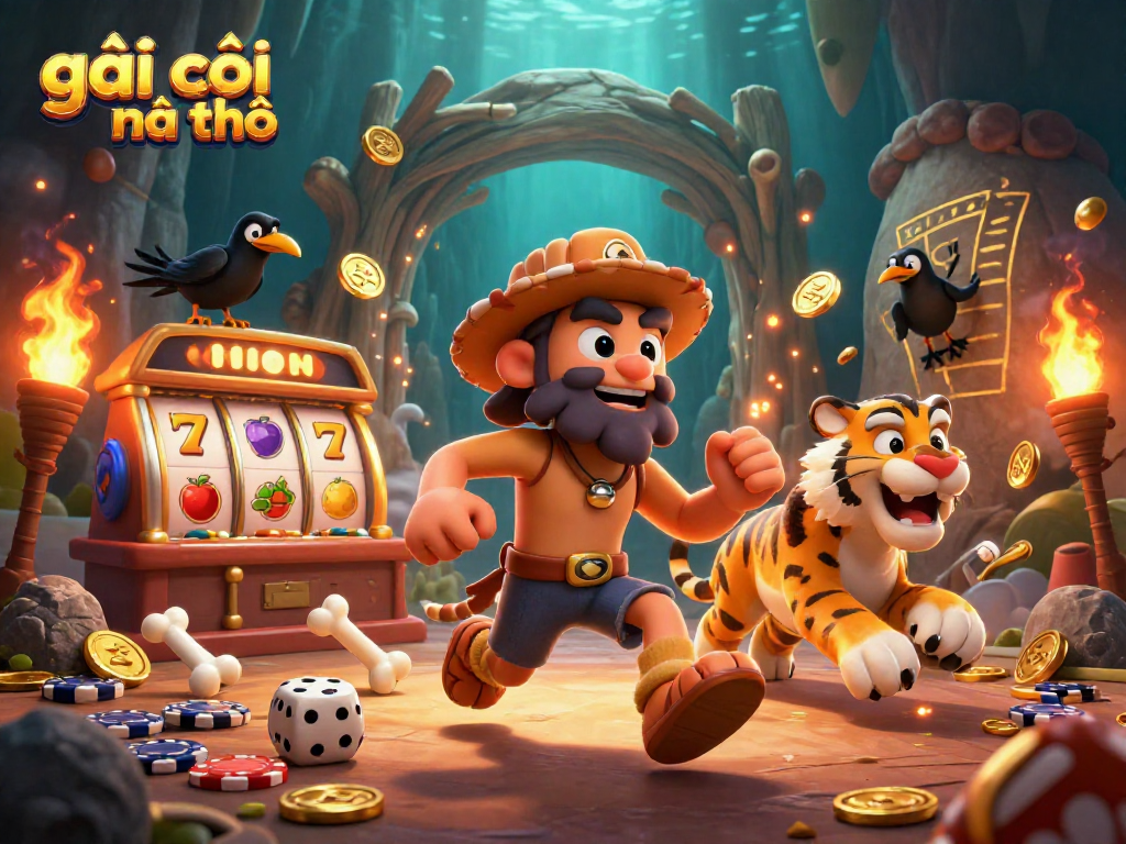 Engaging scene of "gái gọi cần thơ" illustrated as a lively casino with prehistoric elements and casino games.