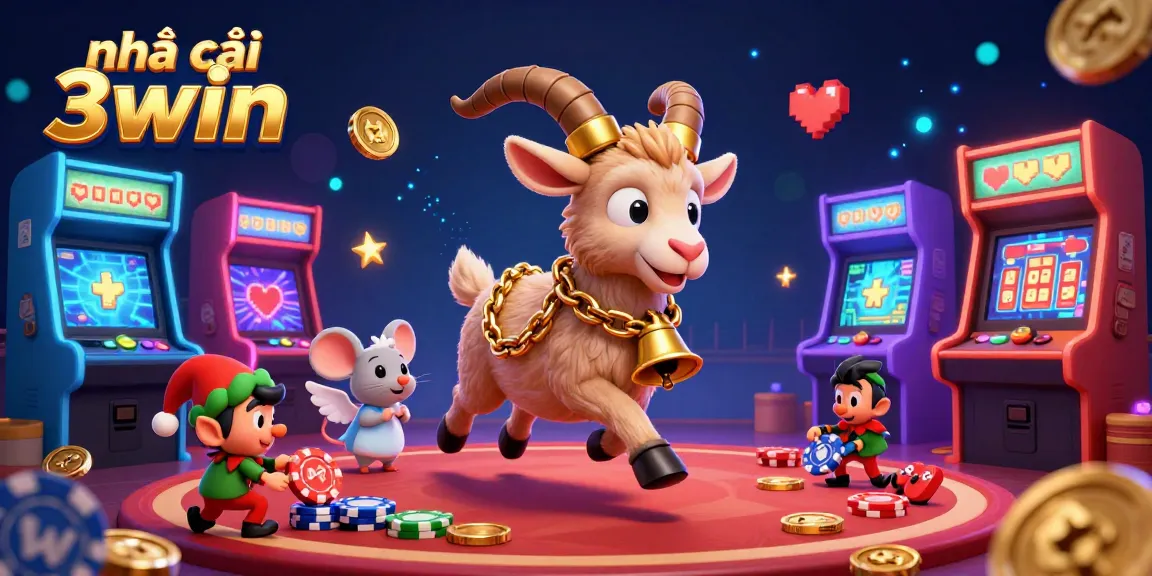 Experience the thrill at nhà cái 3win casino with an action-packed 3D illustration of Krampus and playful characters.