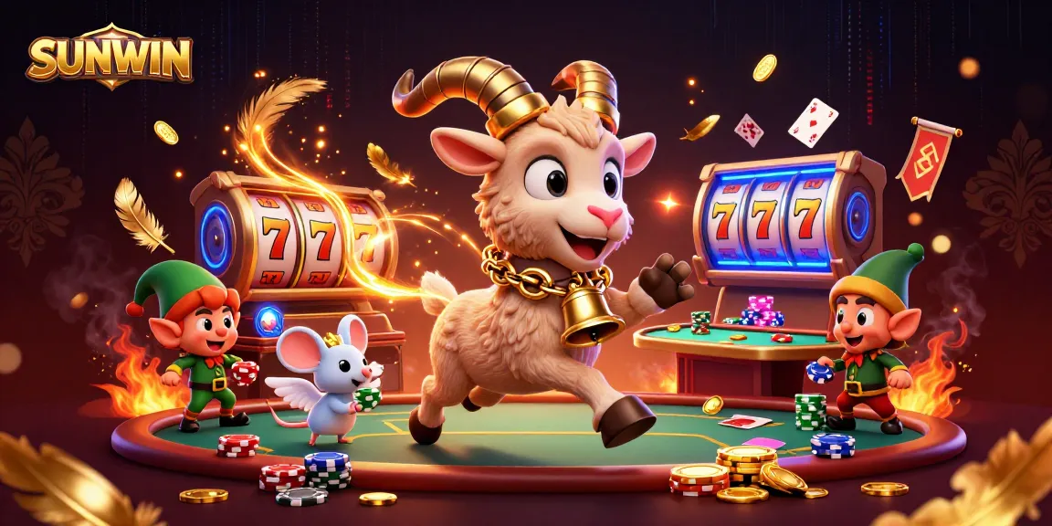 SUNWIN casino scene featuring a playful Krampus goat amidst slot reels and poker chips, creating a festive atmosphere.