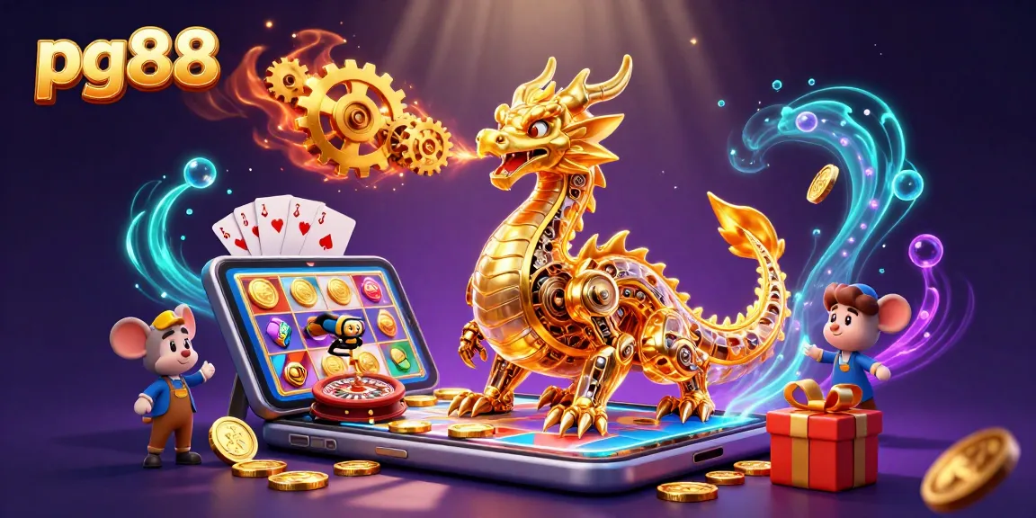 Experience the excitement of pg88; a golden dragon and gaming elements create a thrilling casino adventure.