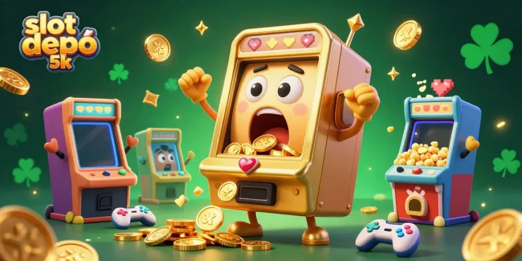 Experience the excitement of slot depo 5k with a golden slot machine hitting its jackpot while baby slots cheer beside it.