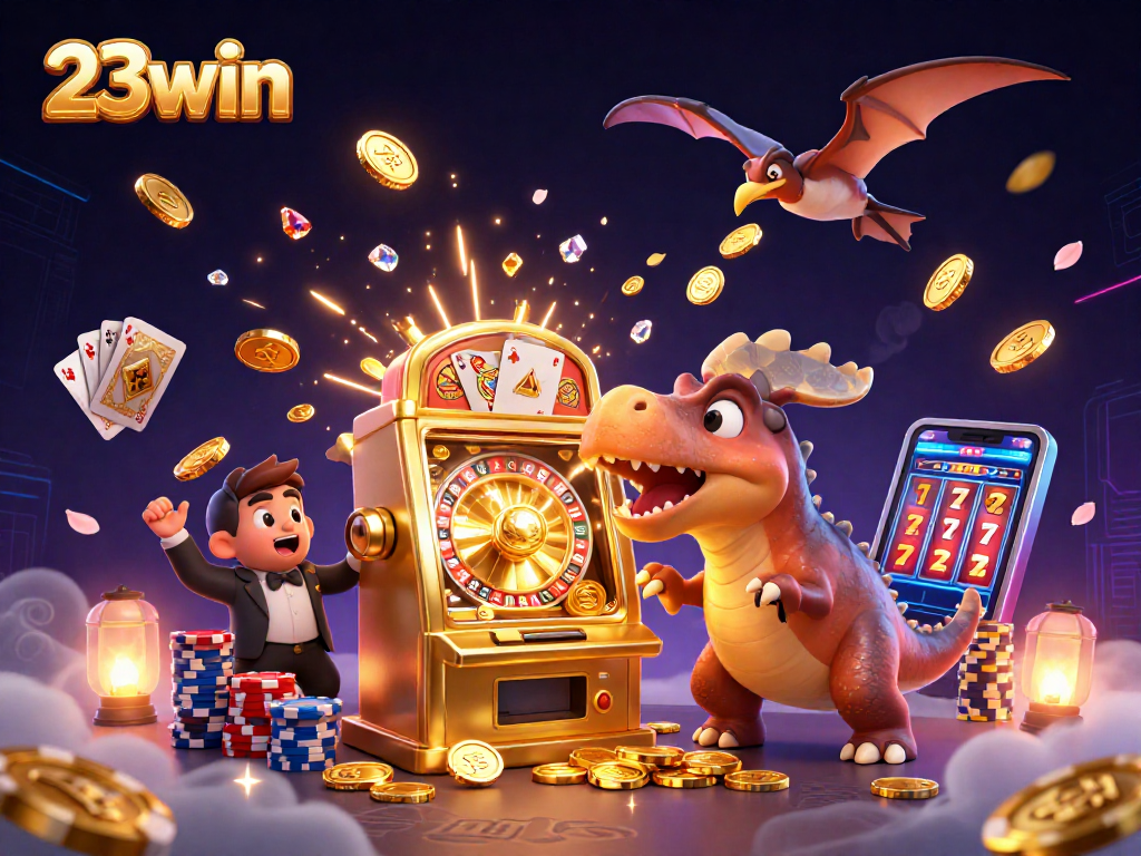 Experience the thrill of 23win as dynosaurs celebrate jackpot wins in a vibrant casino scene.
