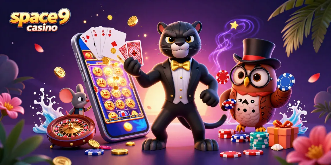 Experience excitement at space9 casino with a stylish panther dealing cards amongst vibrant game elements.