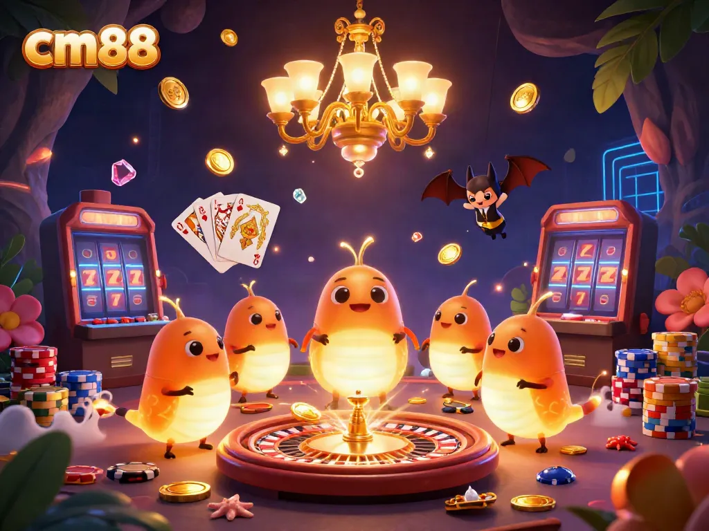 Experience the vibrant excitement of cm88 casino with lively glowworms lighting the scene and a bat dealer.