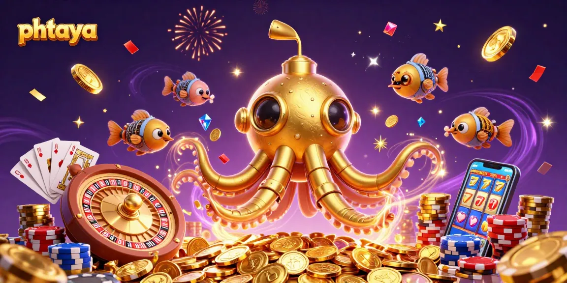 Phtaya offers an exciting 3D casino adventure with a golden kraken submarine amidst coins and games.