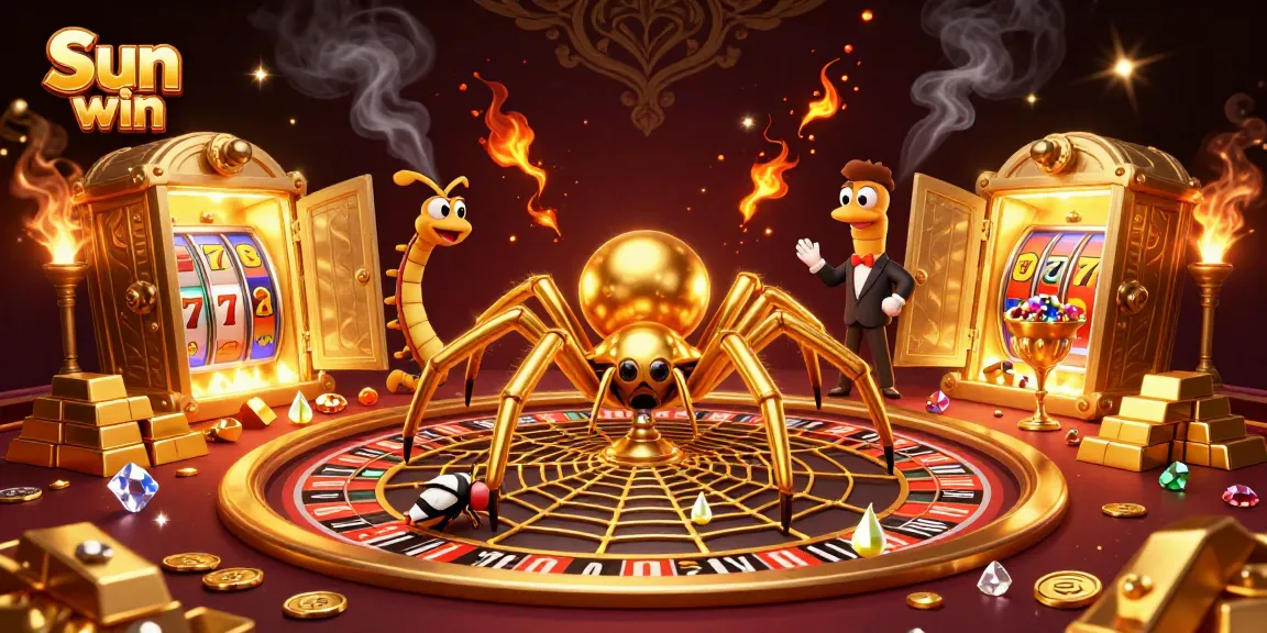 Sun win casino scene with a golden spider and a fly placing bets, rich in glittering elements.