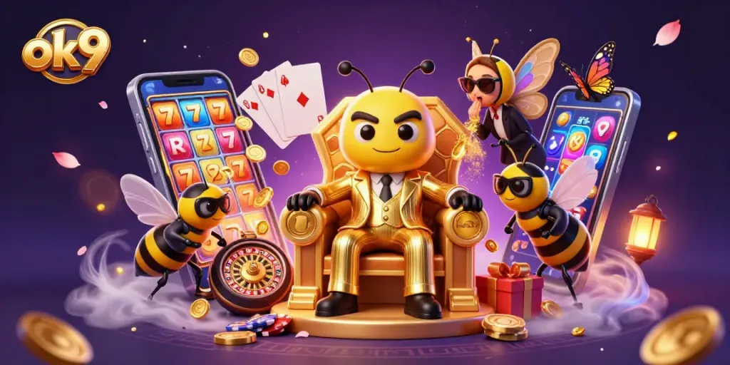 Engage in thrilling gameplay at ok9 with stunning casino elements pouring from a smartphone.