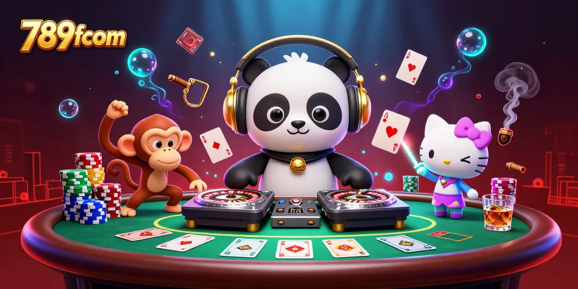 Experience the thrilling action at 789fcom with a vibrant 3D casino scene featuring a DJ panda and glowing characters.
