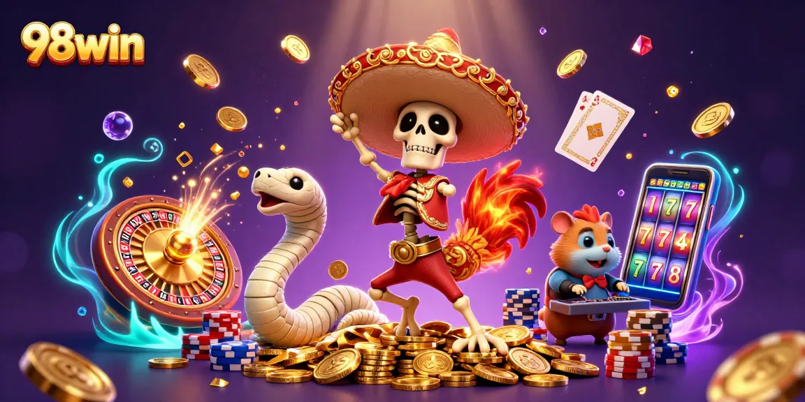 Experience the thrill of 98win with dynamic casino characters celebrating winnings amidst rich visuals.