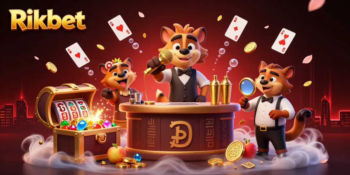 Rikbet's vibrant casino scene brings laughter and excitement with hyenas performing and mixing drinks.