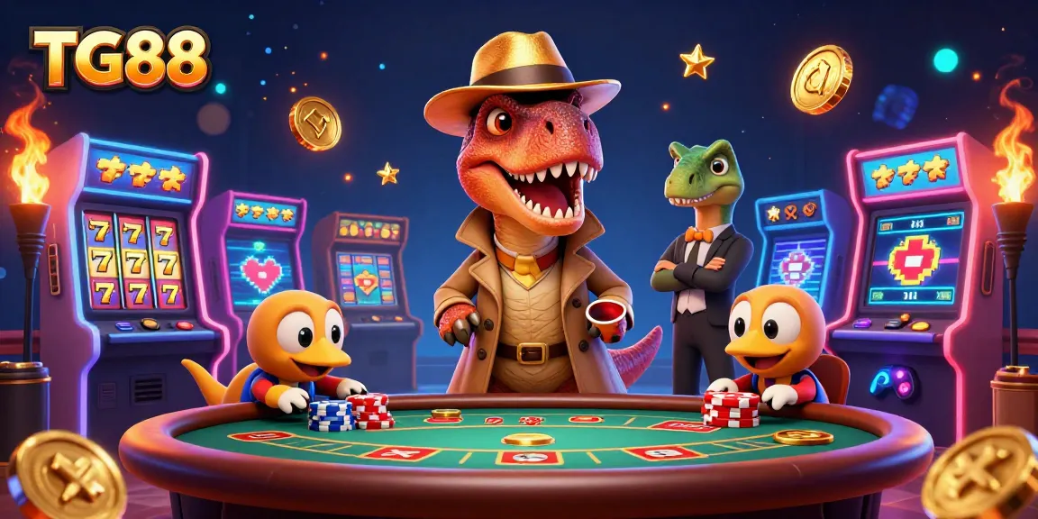 Engage with TG88 at a vibrant casino scene featuring a velociraptor card counter among dynamic slot machines.