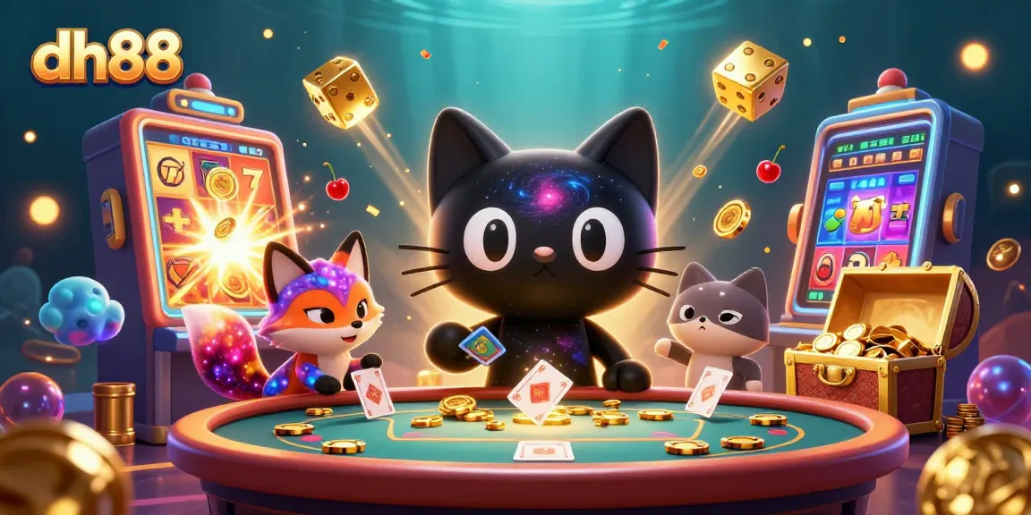 Experience dh88's cosmic casino charm with a playful black hole cat and nebula fox amidst vibrant gaming elements.